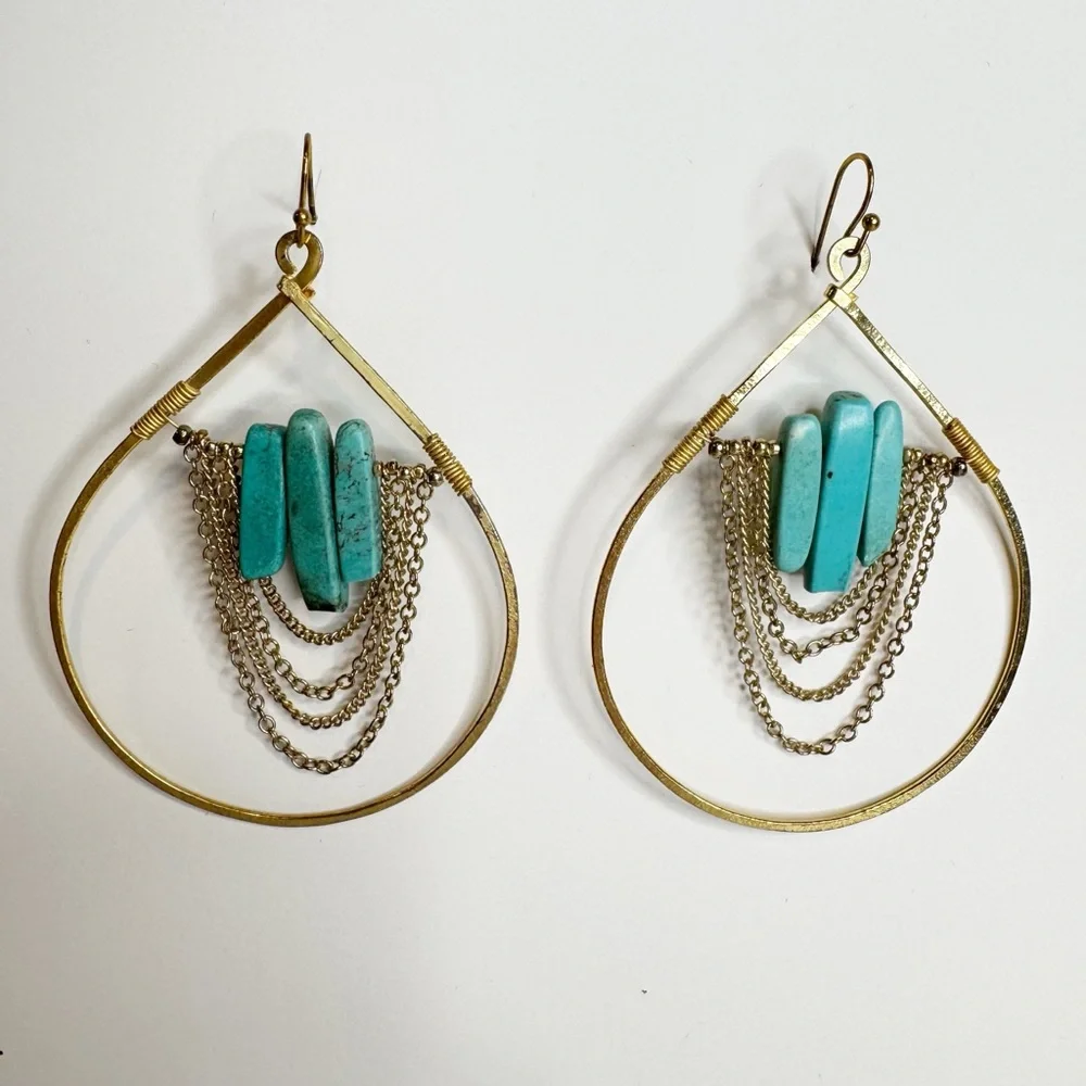 Betsy & Iya | Gold Tone Dangle Earrings w/ Turquoise Stones + Chain Details‎